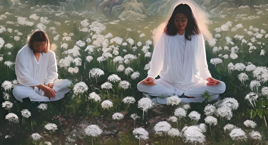 person-sitting-cross-legged-in-meditation-dressed-in-white-clothes-facing-away-back-to-camera-golden-orbs-of-light-radiating-van-gough-painting